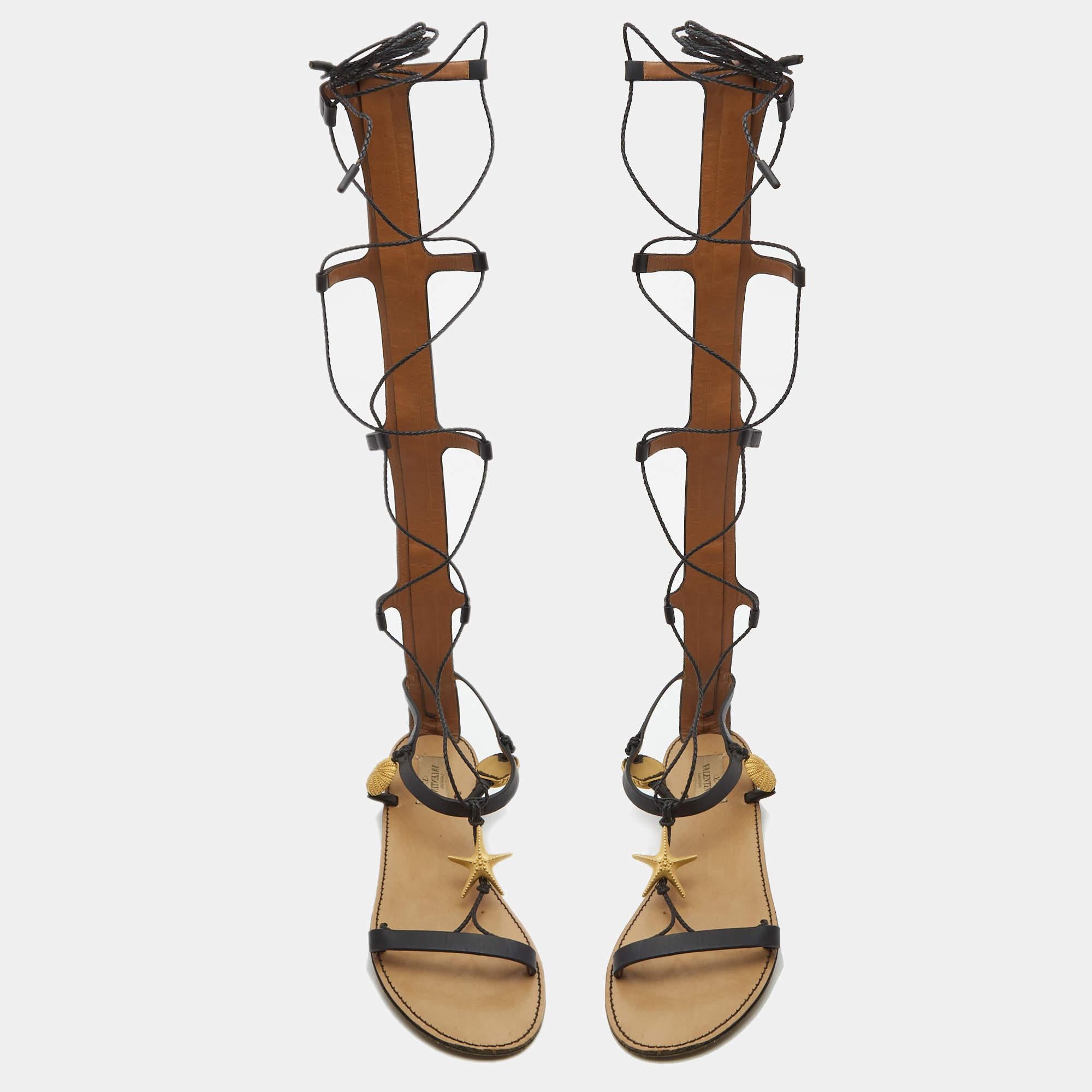 Brown Valentino Black Leather Embellished Gladiator Flat Sandals Size 39