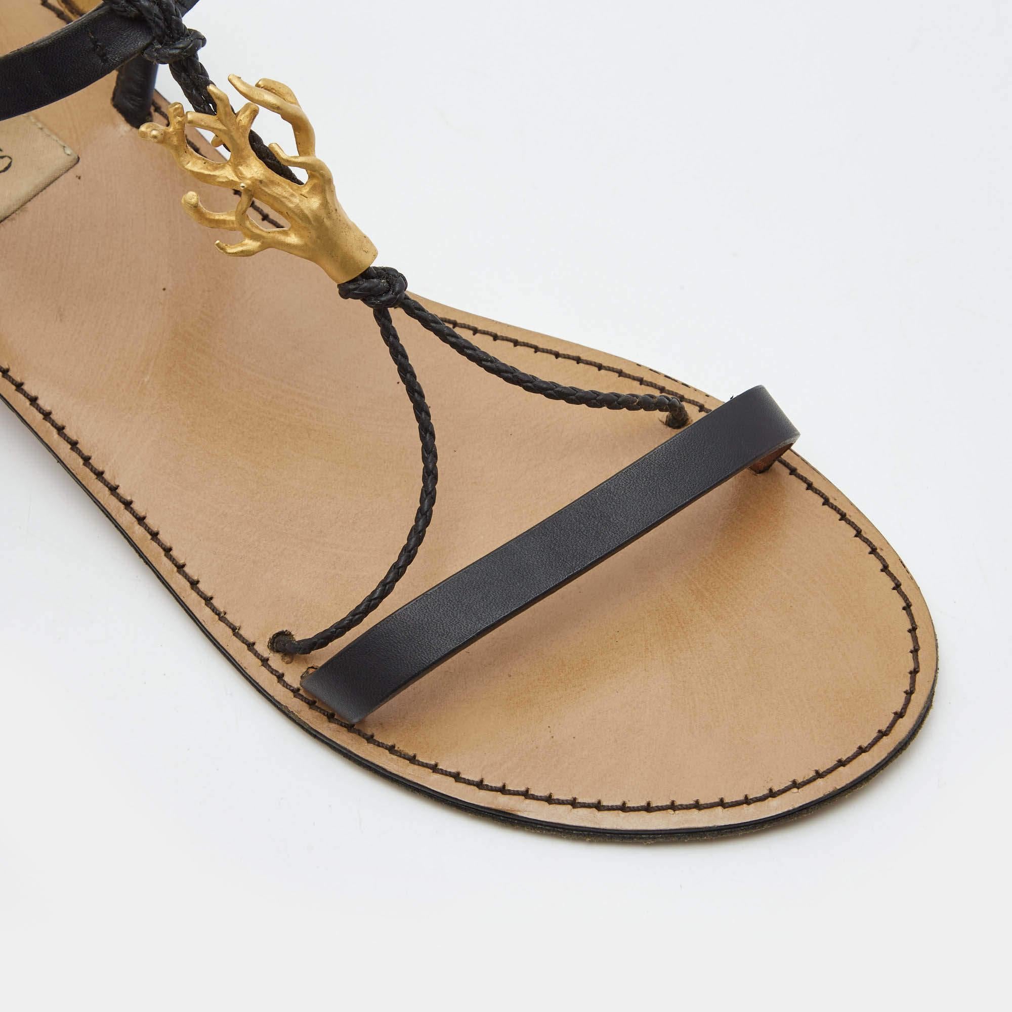 Valentino Black Leather Embellished Gladiator Flat Sandals Size 39 2