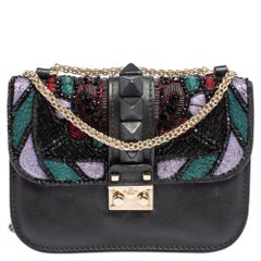 Valentino Black Leather Embellished Rockstud Glam Lock Chain Shoulder Bag