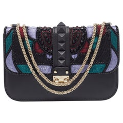 Valentino Schwarz Leder verschönert Rockstud Glam Lock Kette Umhängetasche