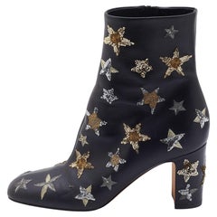 Valentino Black Leather Embroidered Sequin/Stars Ankle Length Boots Size 39