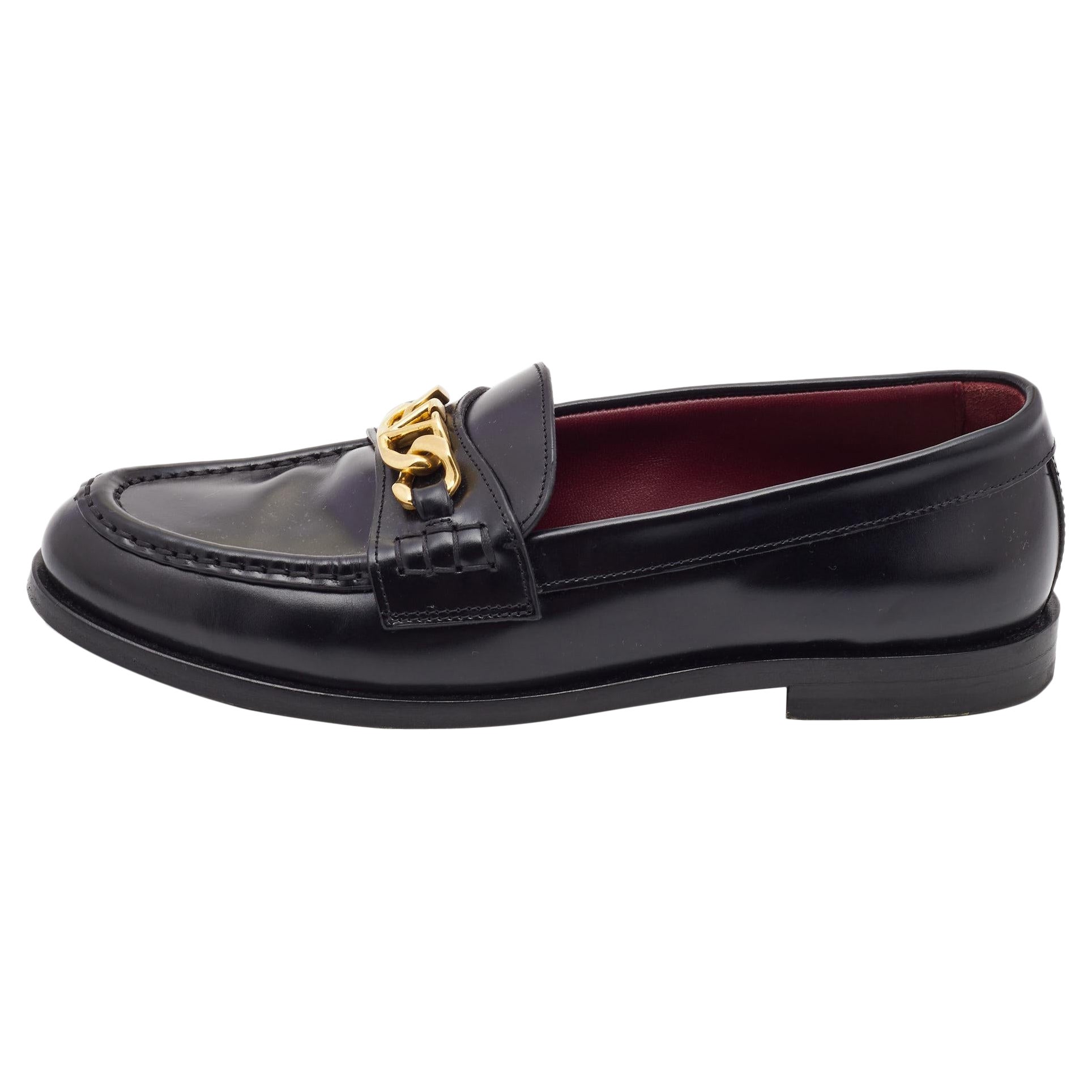 Valentino Black Leather Escape V logo Loafers Size 38