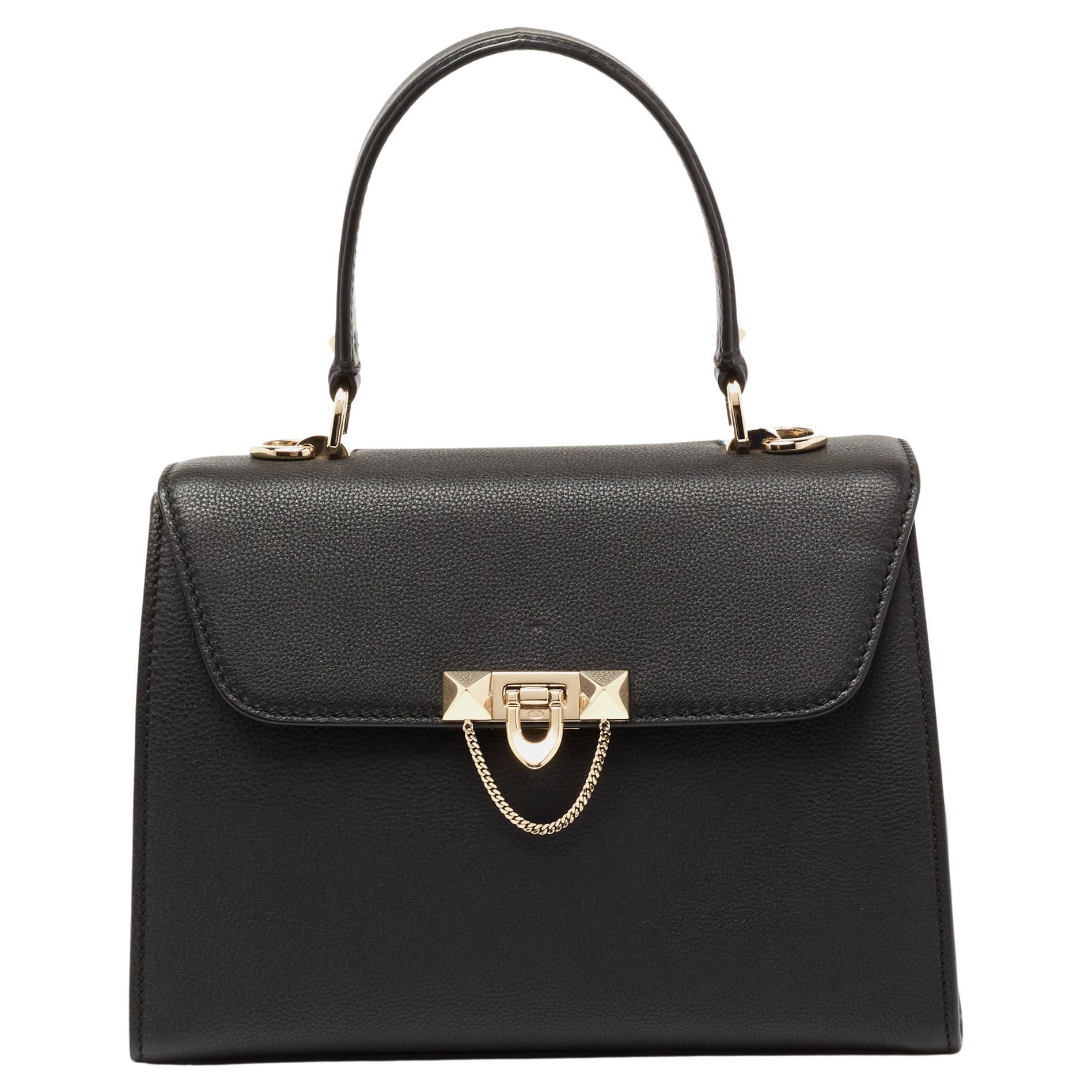 Valentino Black Leather Flap Top Handle Bag