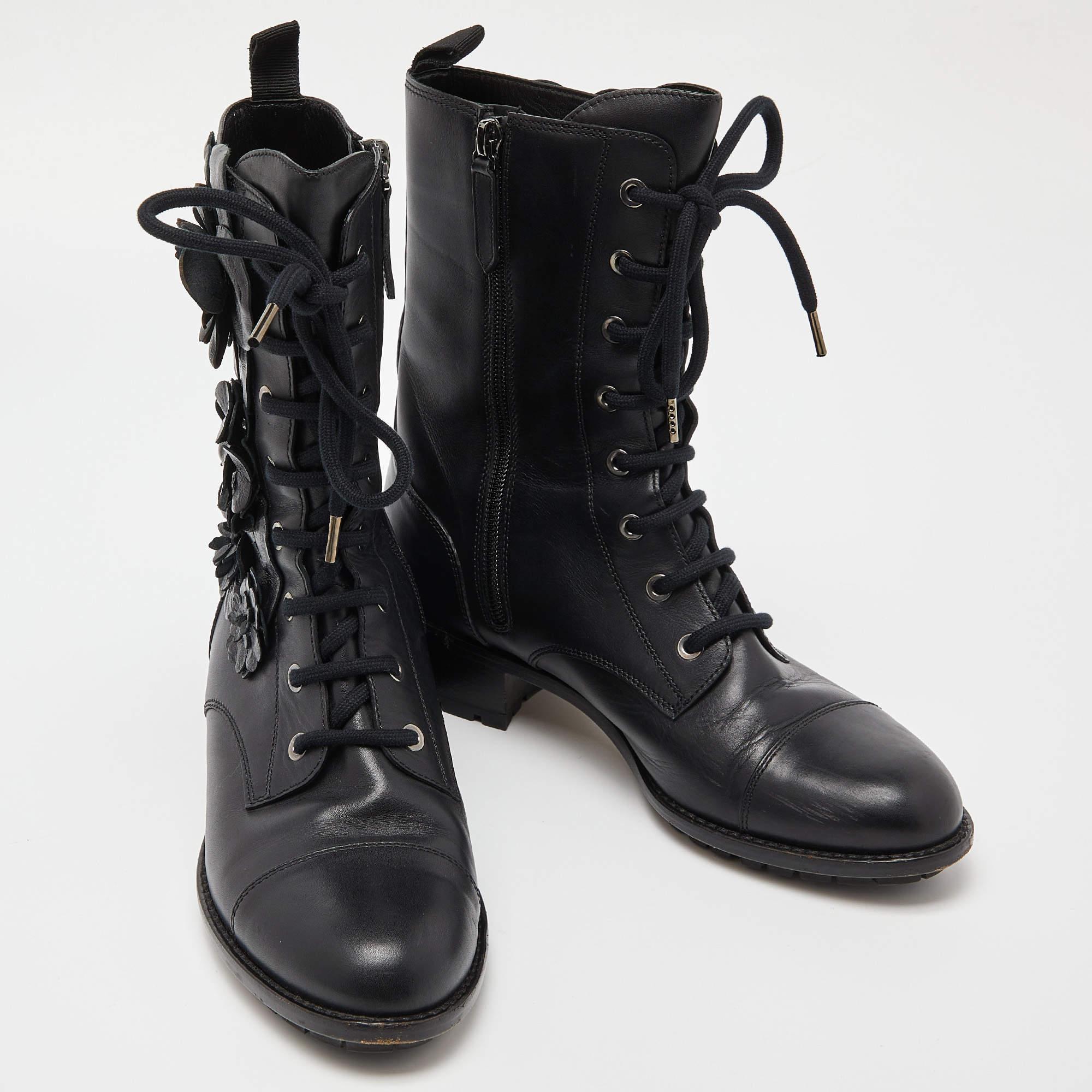 Women's Valentino Black Leather Floral Applique Combat Boots 