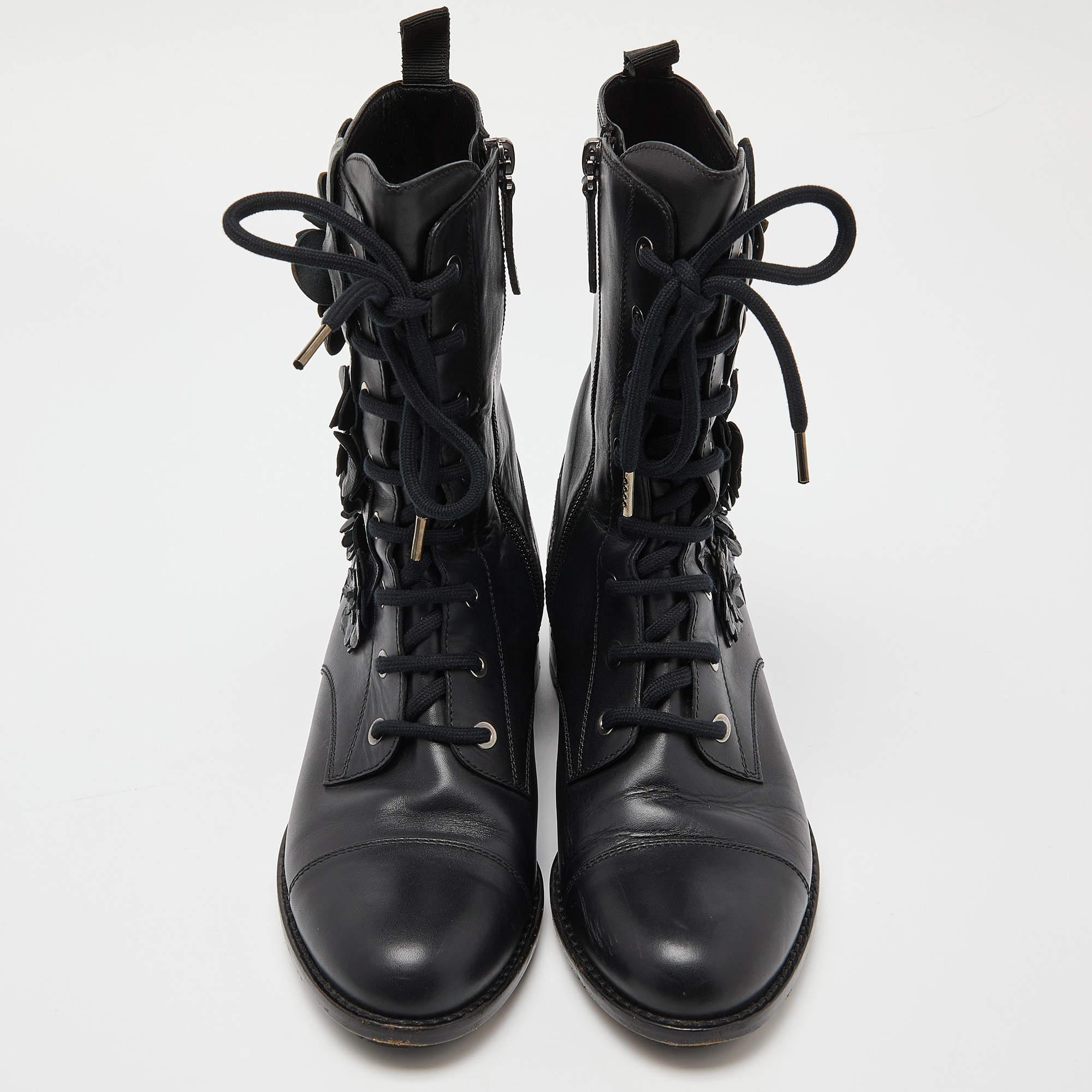 Valentino Black Leather Floral Applique Combat Boots  1