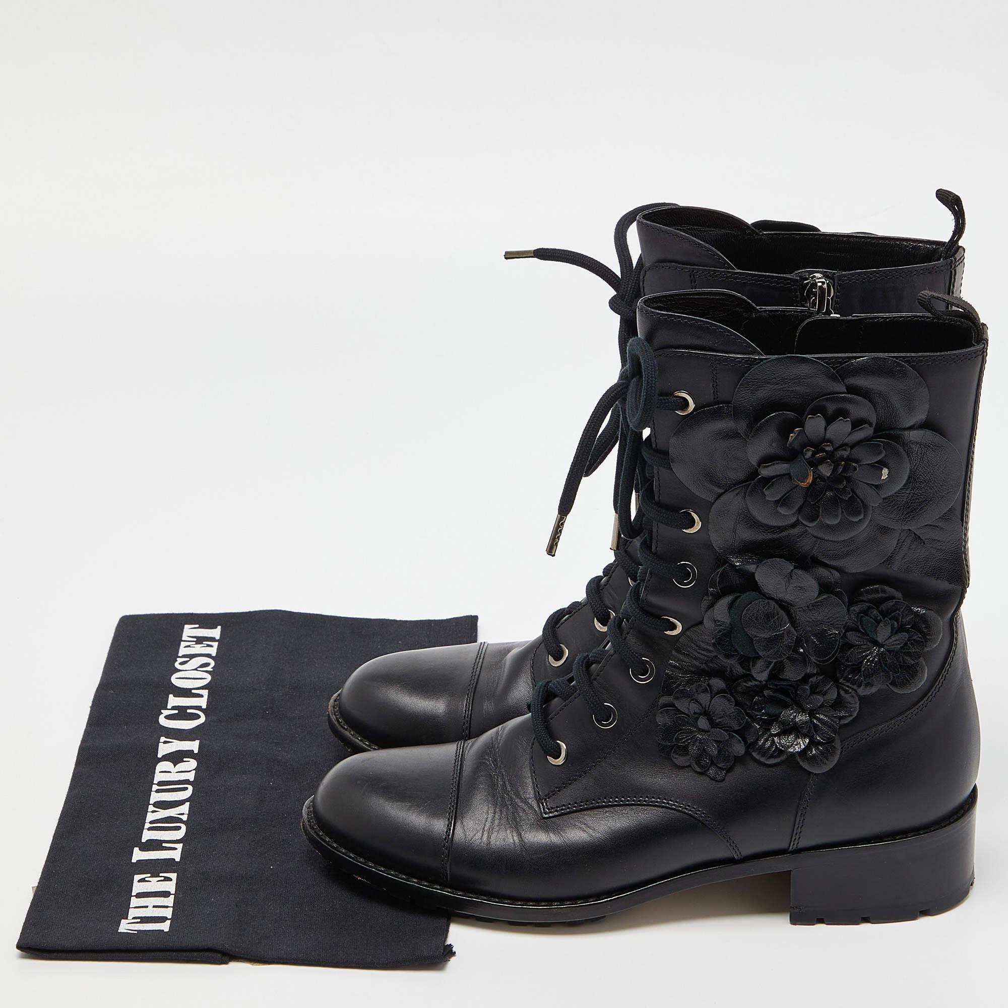 Valentino Black Leather Floral Applique Combat Boots  5