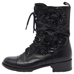 Valentino Black Leather Floral Applique Combat Boots 