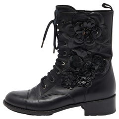 Valentino Black Leather Floral Applique Combat Boots