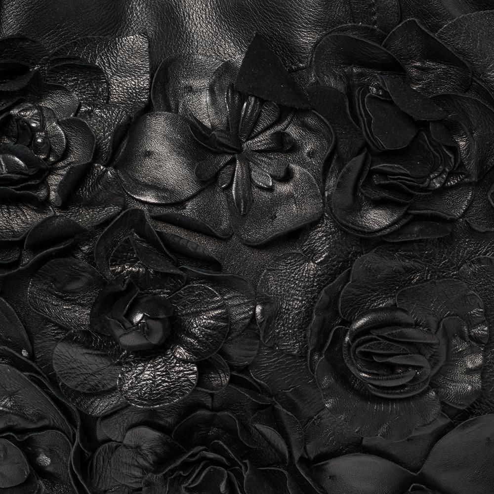 Valentino Black Leather Floral Applique Tote 3