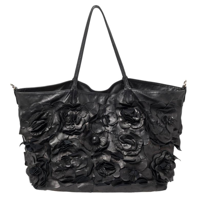 Valentino Black Leather Floral Applique Tote For Sale at 1stDibs
