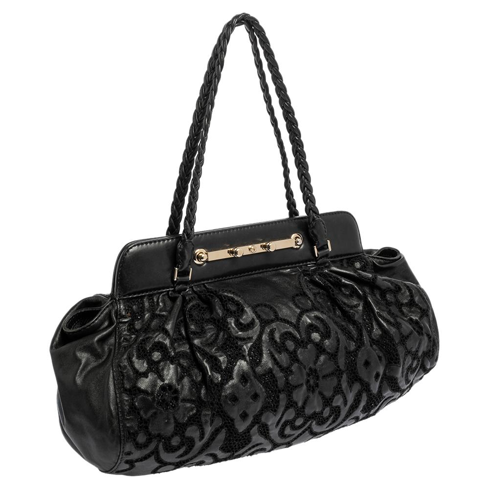 Women's Valentino Black Leather Floral Embroidered Frame Satchel