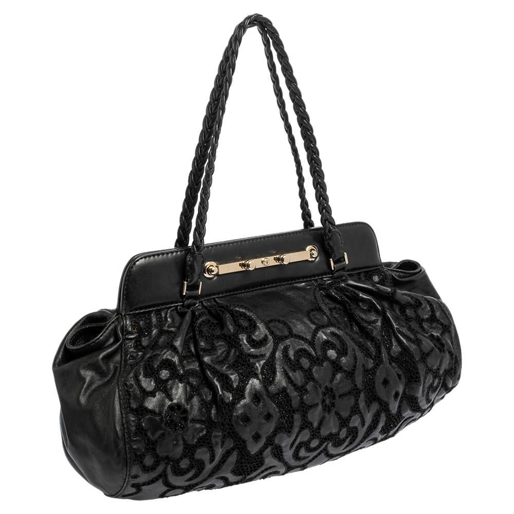 Women's Valentino Black Leather Floral Embroidered Frame Satchel For Sale