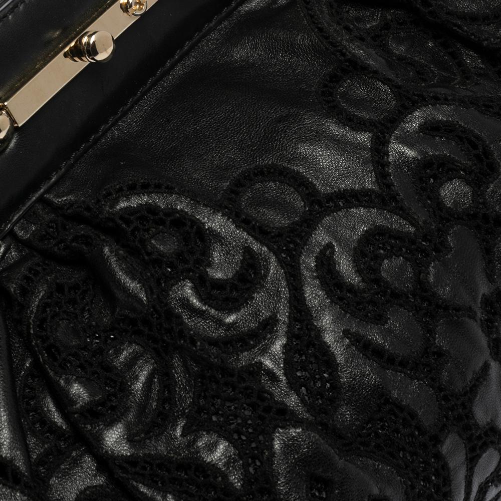 Valentino Black Leather Floral Embroidered Frame Satchel In Good Condition For Sale In Dubai, Al Qouz 2