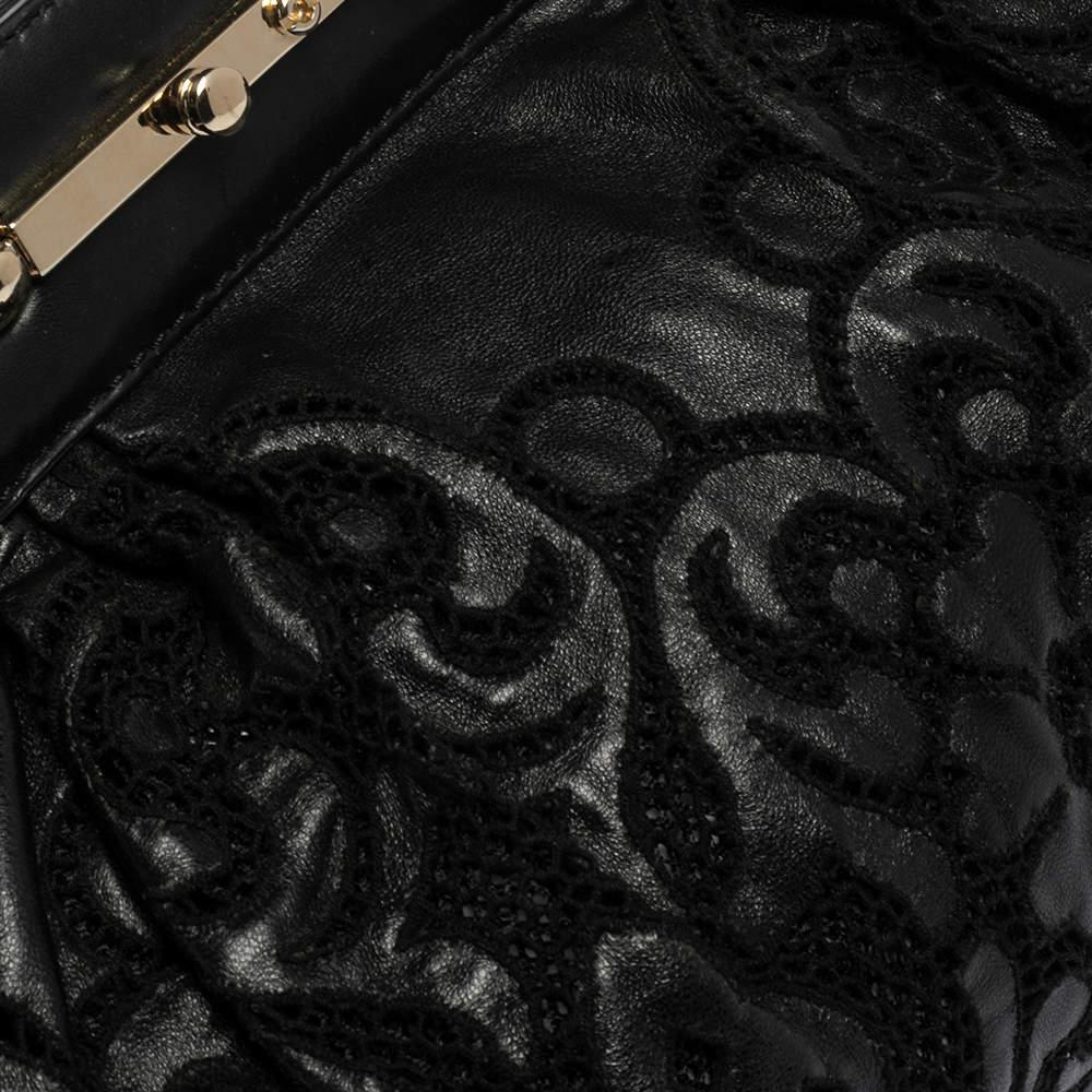 Valentino Black Leather Floral Embroidered Frame Satchel For Sale 3