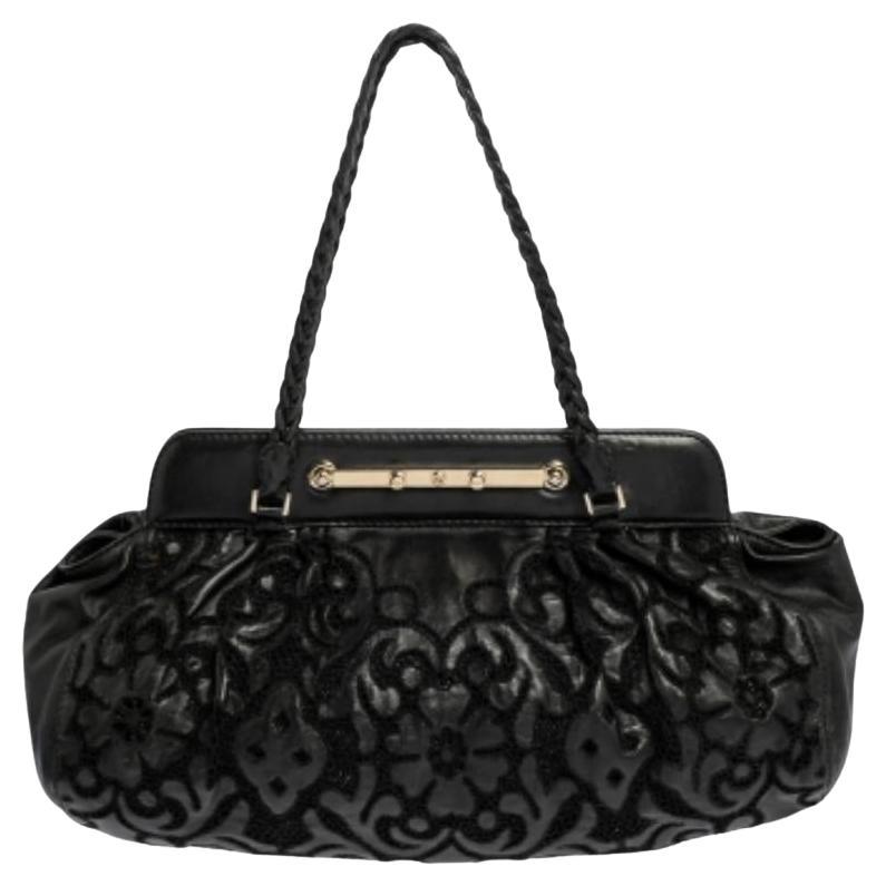 Valentino Black Leather Floral Embroidered Frame Satchel (Sacoche en cuir brodé de fleurs)