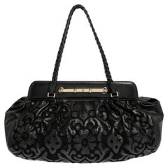 Used Valentino Black Leather Floral Embroidered Frame Satchel