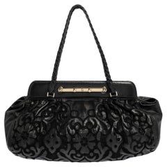Valentino Black Leather Floral Embroidered Frame Satchel