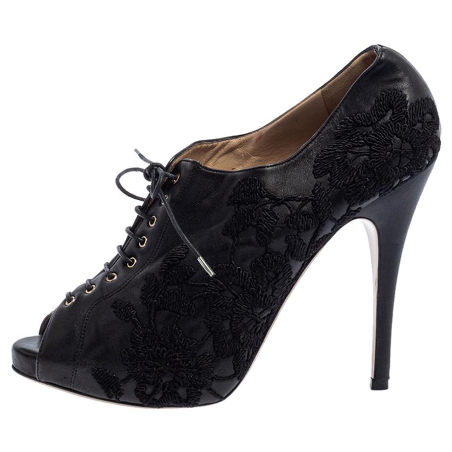 Valentino Black Leather Floral Embroidered Peep Toe Ankle Booties Size 40