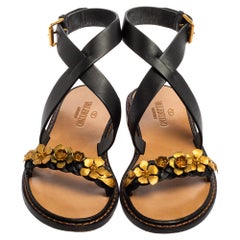 Valentino Black Leather Floral Testa Di Moro Ankle Strap Flat Sandals Size 35