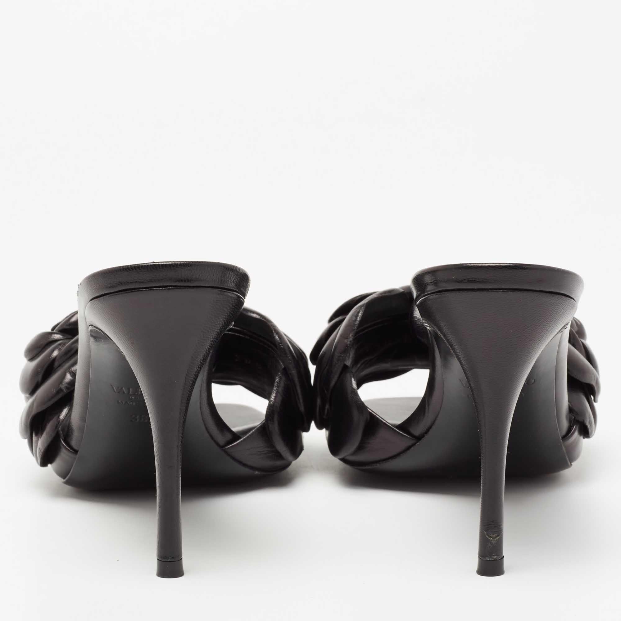 Valentino Black Leather Flower Detail Atelier Slide Sandals Size 38.5 1