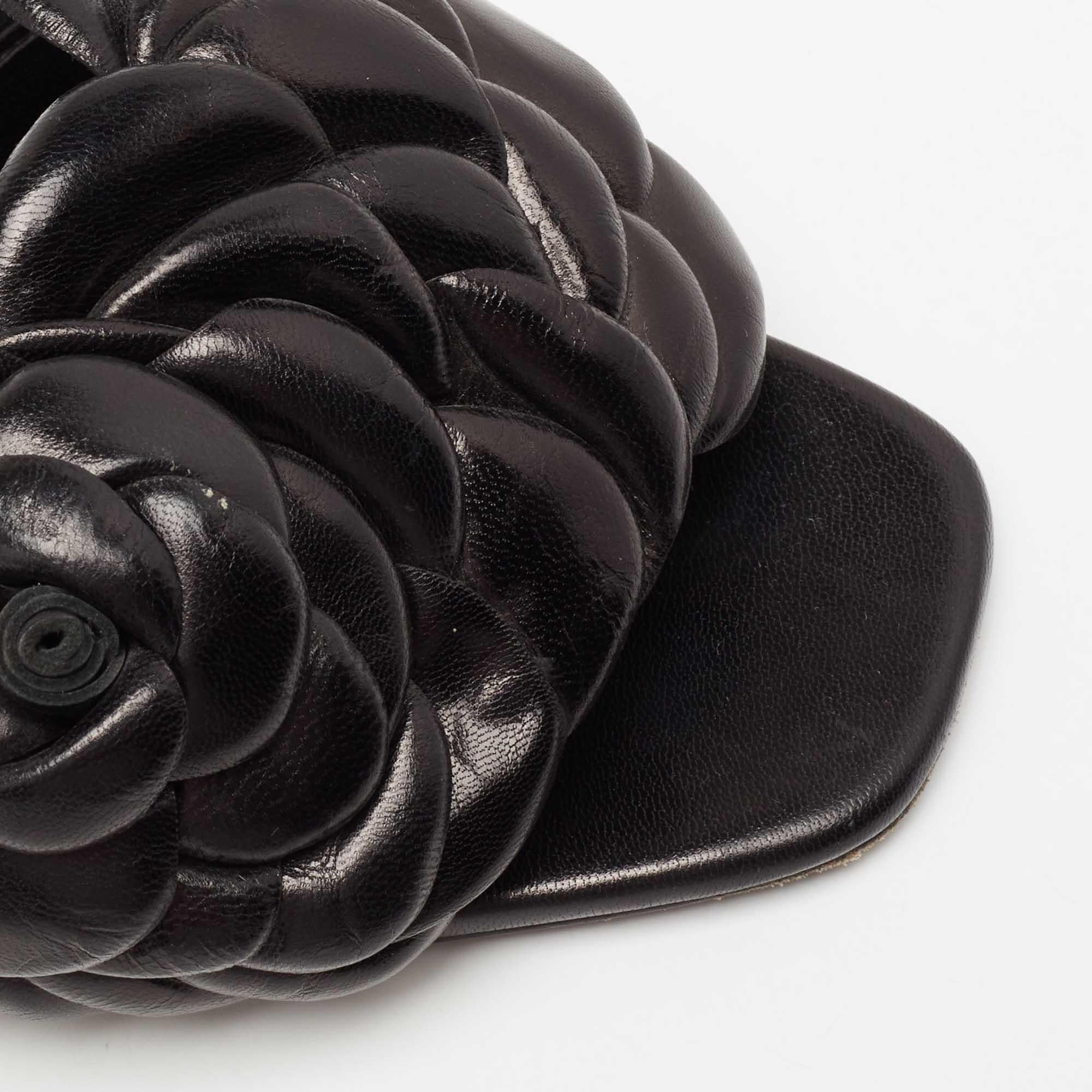 Valentino Black Leather Flower Detail Atelier Slide Sandals Size 38.5 3