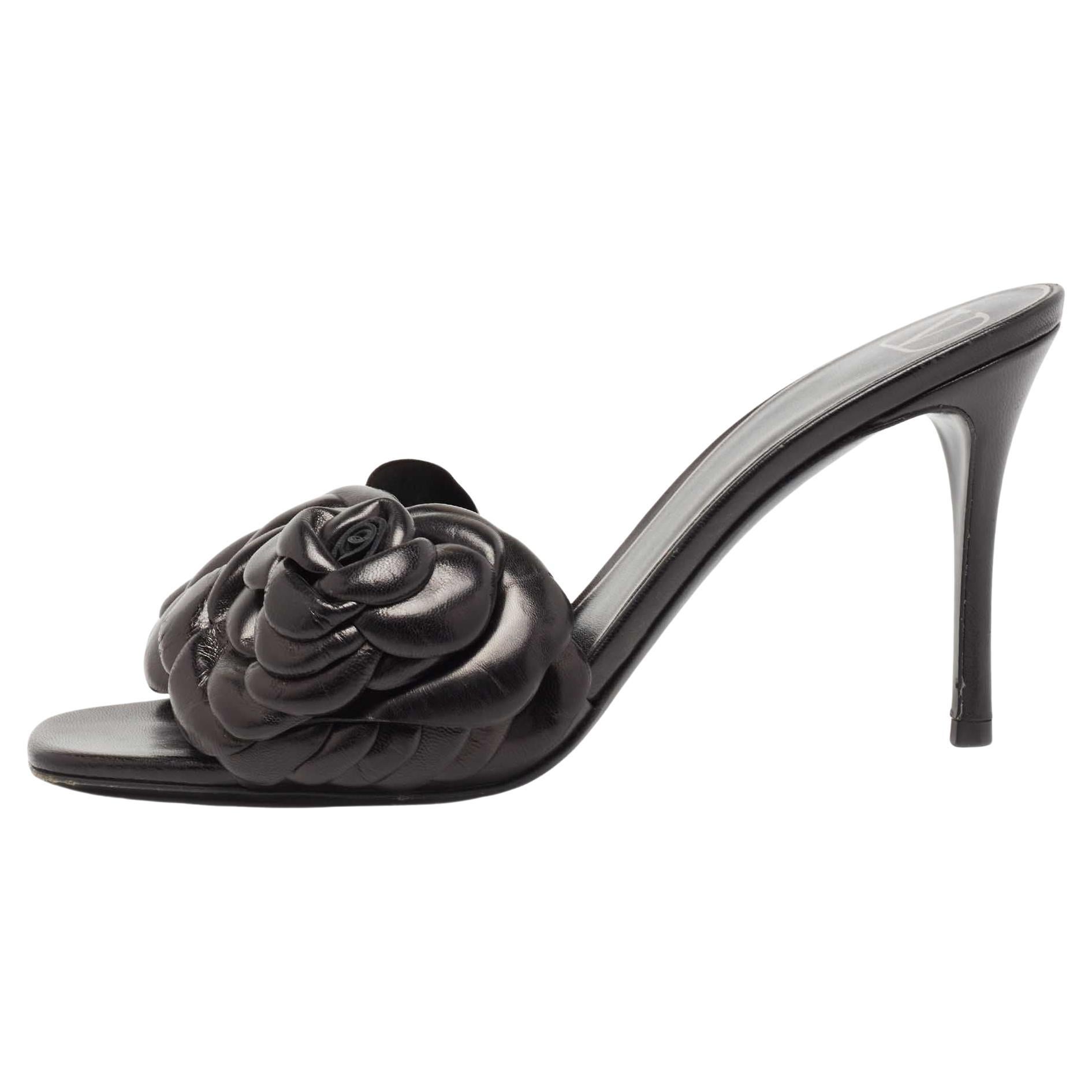 Valentino Black Leather Flower Detail Atelier Slide Sandals Size 38.5