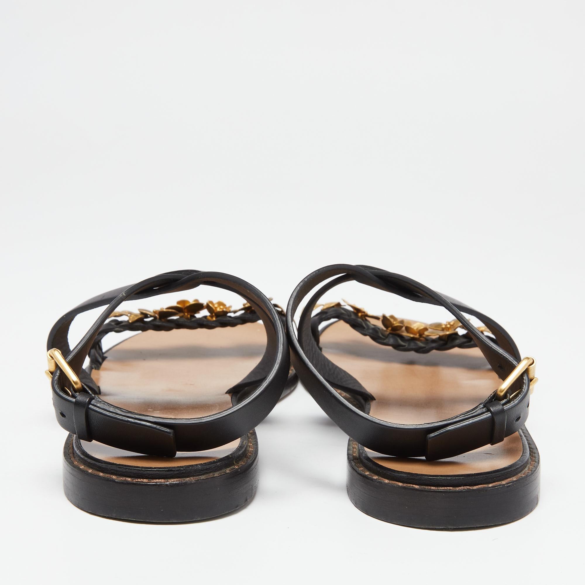Women's Valentino Black Leather Flower Embellished Ankle Strap Flat Sandals Size 40