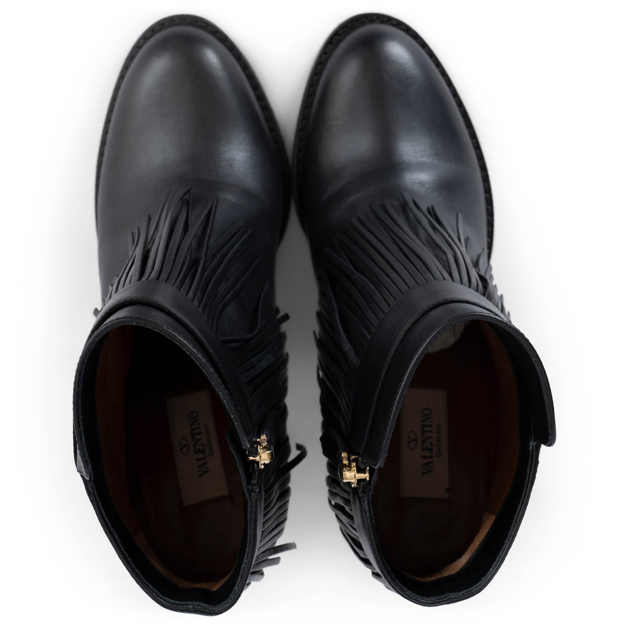 Women's VALENTINO black leather FRINGE Ankle Boots Shoes 39.5