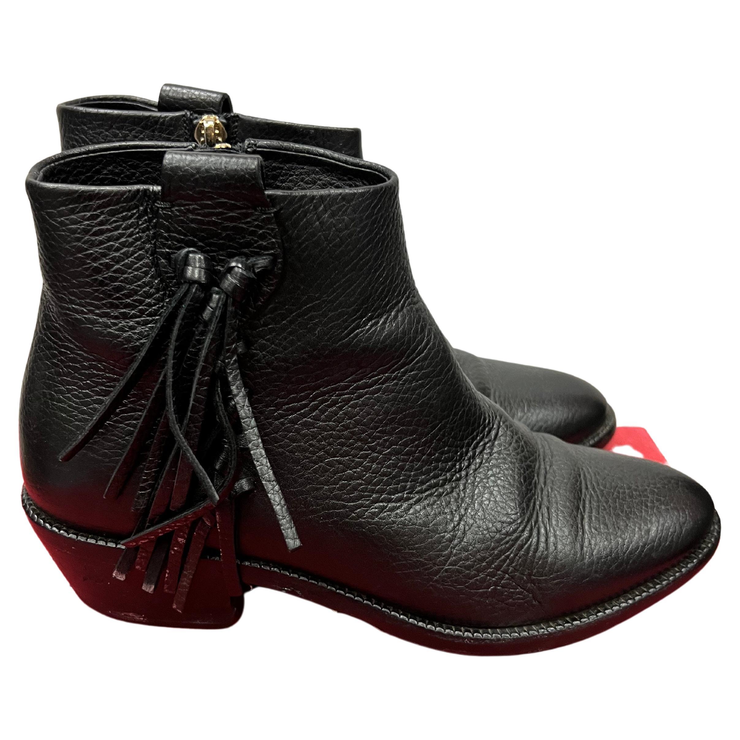 Valentino Black Leather Fringe Ankle Boots Size 36