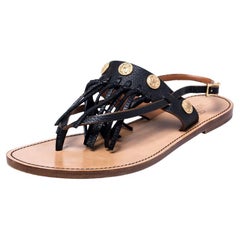 Valentino Black Leather Fringed Coin Detail Thong Flat Sandals Size 39