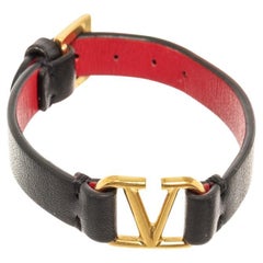 Valentino Black Leather Garavani V-Logo Double-Wrap Bracelet
