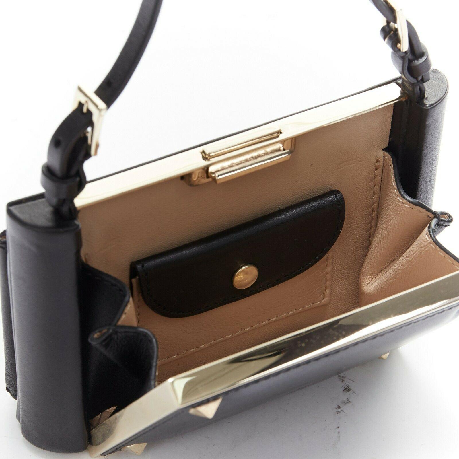 VALENTINO black leather gold Rockstud metal frame minaudiere clasp clutch bag For Sale 2