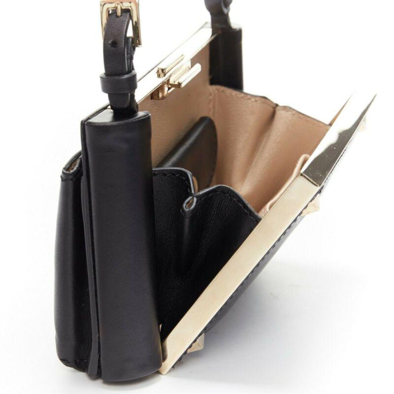 VALENTINO black leather gold rockstud metal frame miniaudiere clasp clutch bag For Sale 6
