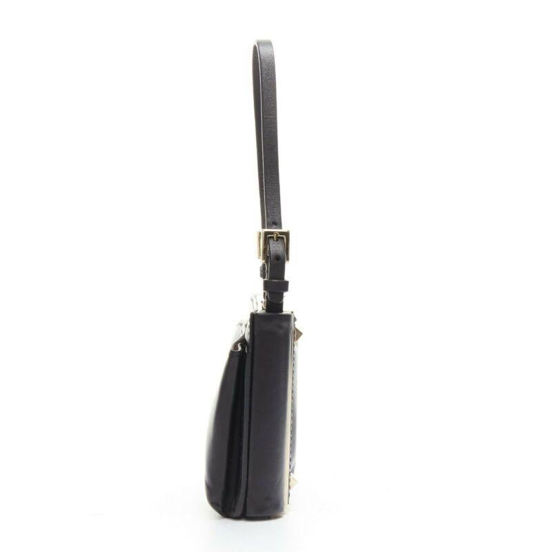 Black VALENTINO black leather gold rockstud metal frame miniaudiere clasp clutch bag For Sale