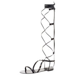 Valentino Black Leather Knee High Rockstud Gladiator Flat Sandals Size 40
