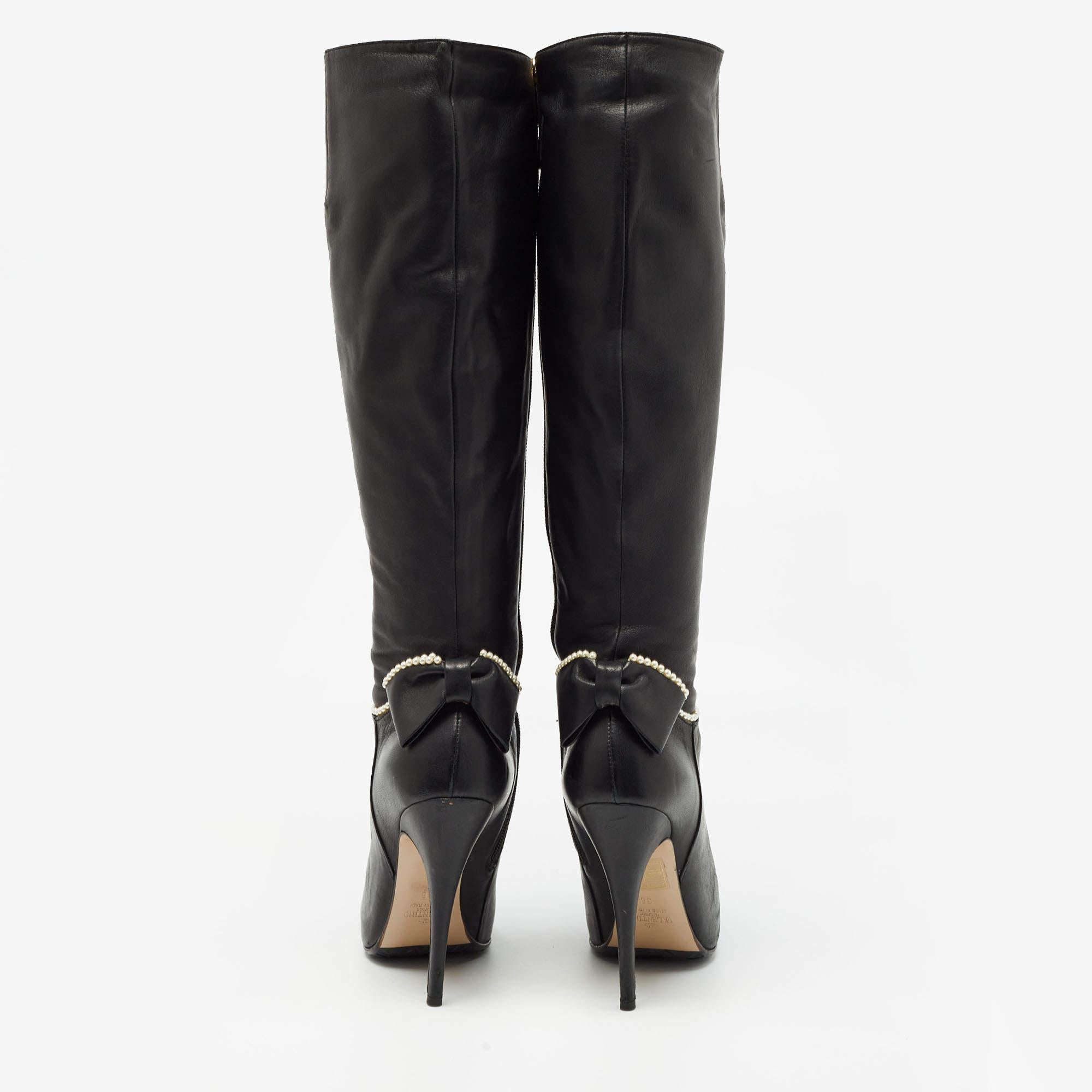 Valentino Black Leather Knee Length Boots Size 38 For Sale 2