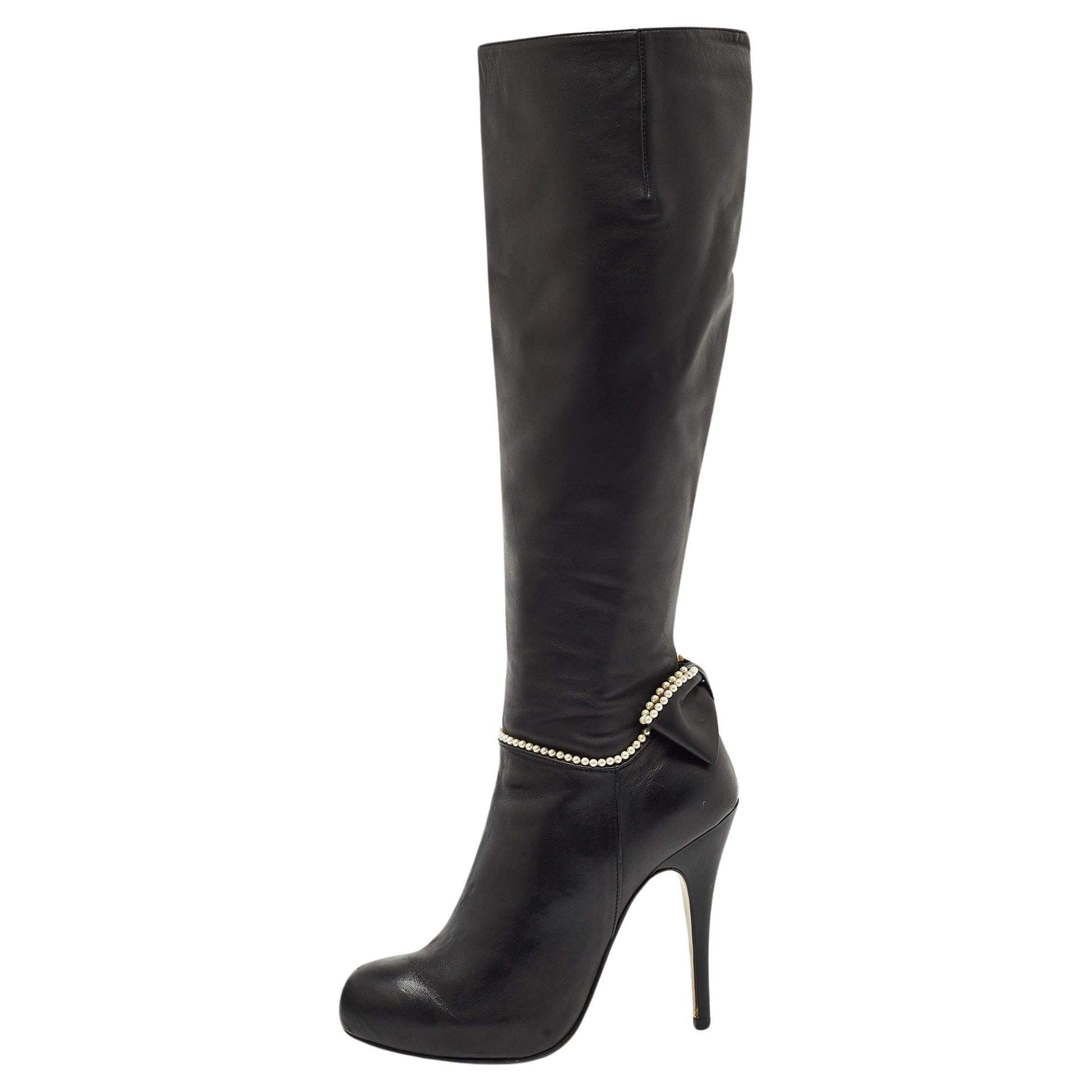 Valentino Black Leather Knee Length Boots Size 38 For Sale