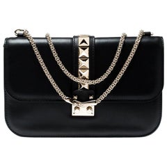 Valentino Black Leather Large Glam Lock Chain Shoulder Bag