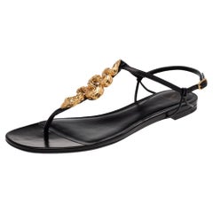 Valentino Black Leather Maison Snake Embellished Thong Flat Sandals Size EU 37.5