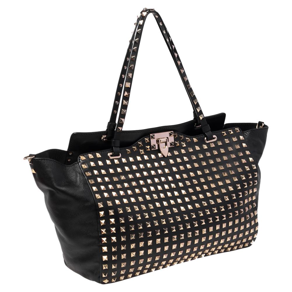 Women's Valentino Black Leather Medium All Over Rockstud Trapeze Tote