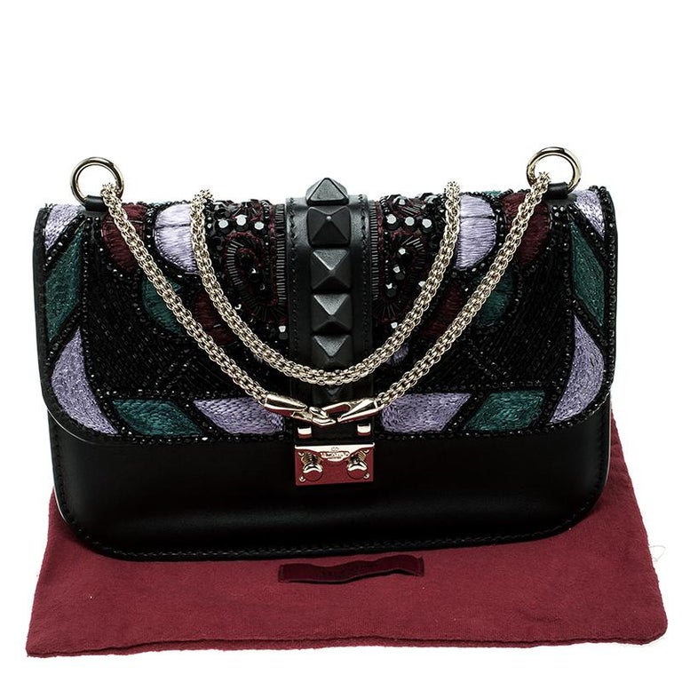 Valentino Black Leather Medium Beads Embellished Glam Lock Shoulder Bag ...