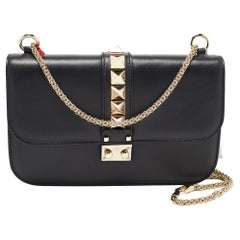 Valentino Black Leather Medium Glam Lock Chain Shoulder Bag