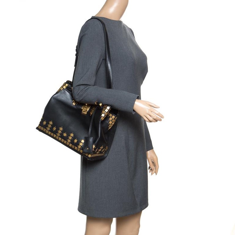 Valentino Black Leather Medium Joy Lock Studded Top Handle Bag For Sale ...