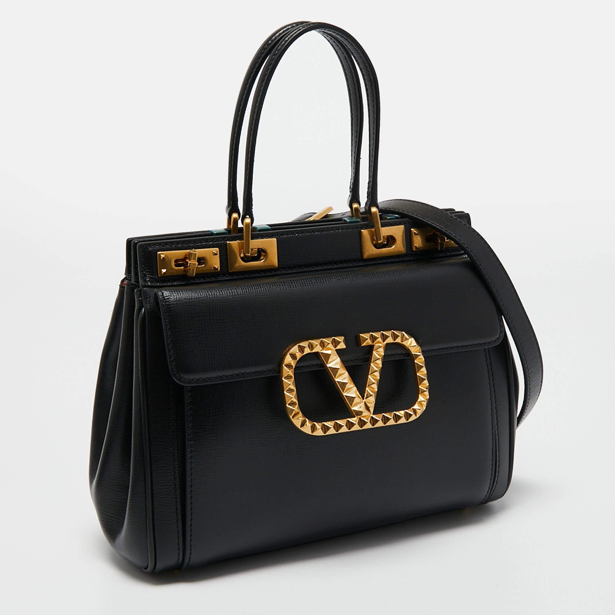 Women's Valentino Black Leather Medium Rockstud Alcove Tote