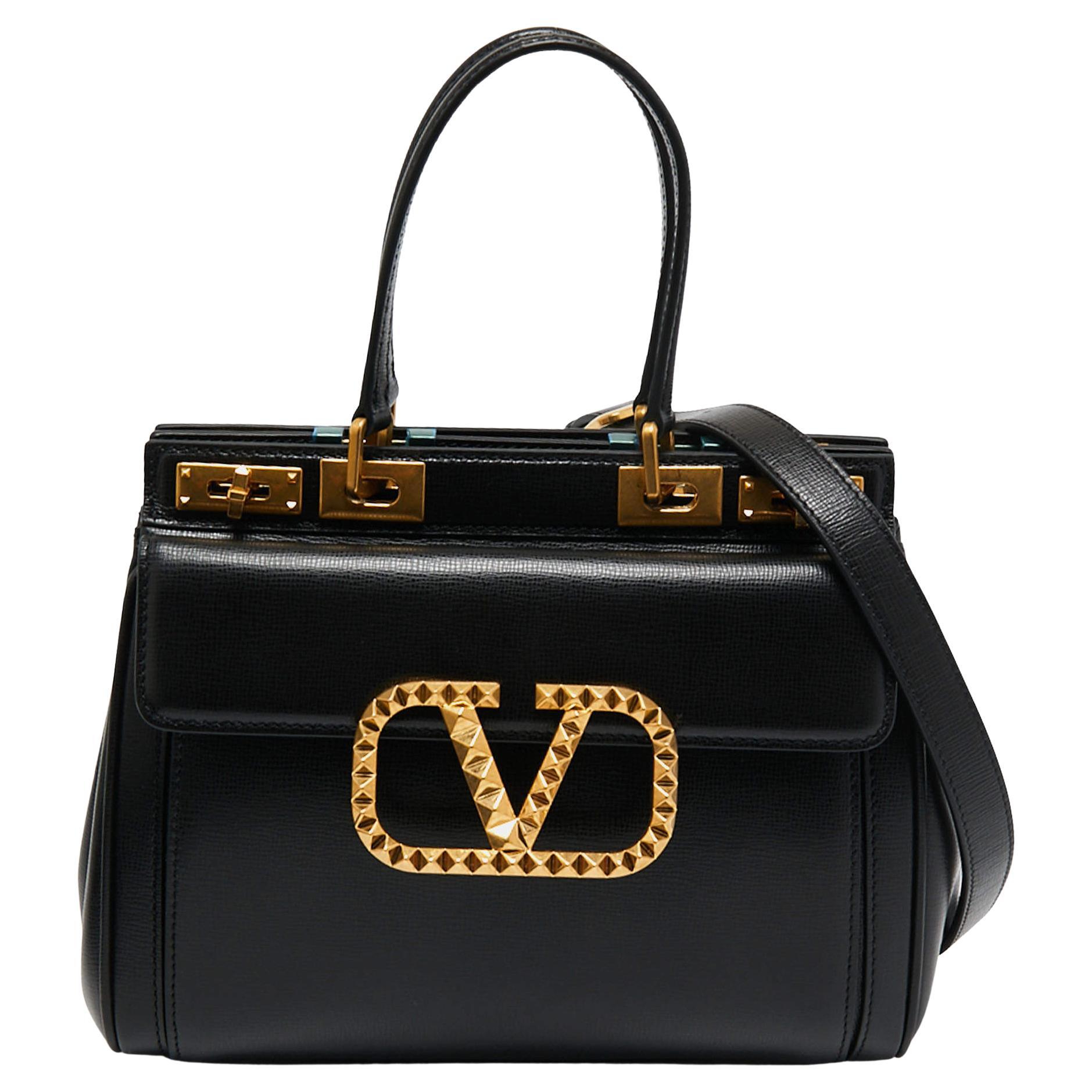 Valentino Black Leather Medium Rockstud Alcove Tote
