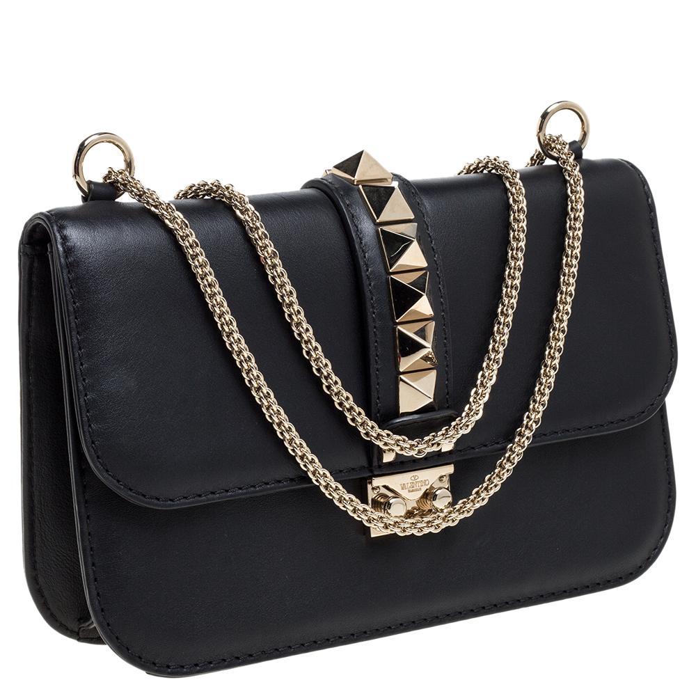 Valentino Black Leather Medium Rockstud Glam Lock Flap Bag In Good Condition In Dubai, Al Qouz 2