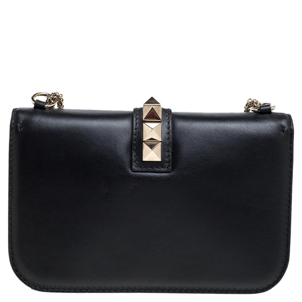 Women's Valentino Black Leather Medium Rockstud Glam Lock Flap Bag