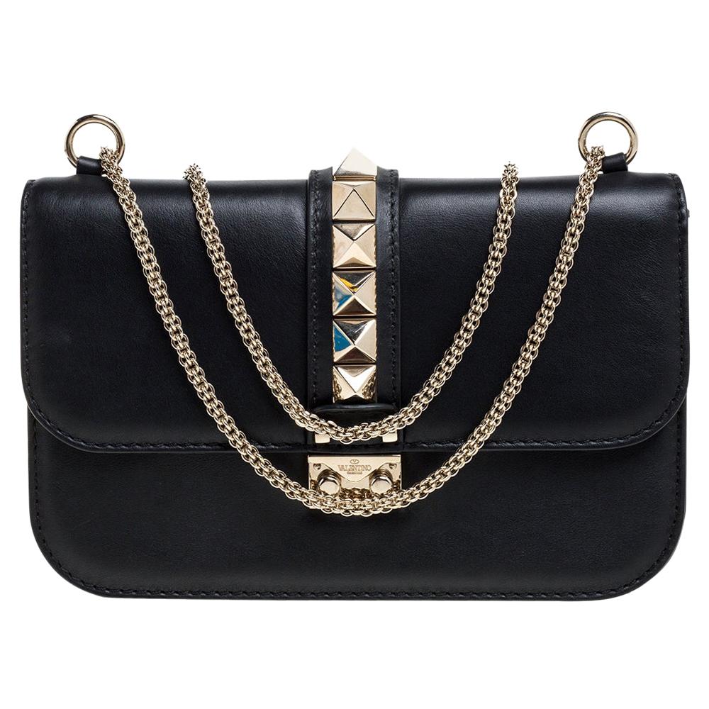 Valentino Black Leather Medium Rockstud Glam Lock Flap Bag