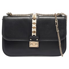 Valentino Black Leather Medium Rockstud Glam Lock Flap Bag