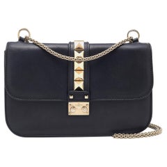 Valentino Black Leather Medium Rockstud Glam Lock Shoulder Bag